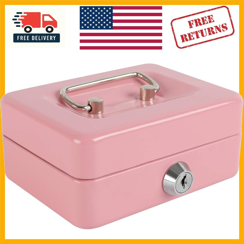 Mini Locking Cash Box for Kids – Durable Steel with Key Lock, Pink, 4.92″