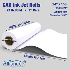 Alliance Wide Format Paper 24″ X 150′ CAD Bond Rolls (24Lb | 4 Rolls, 24 in X 15