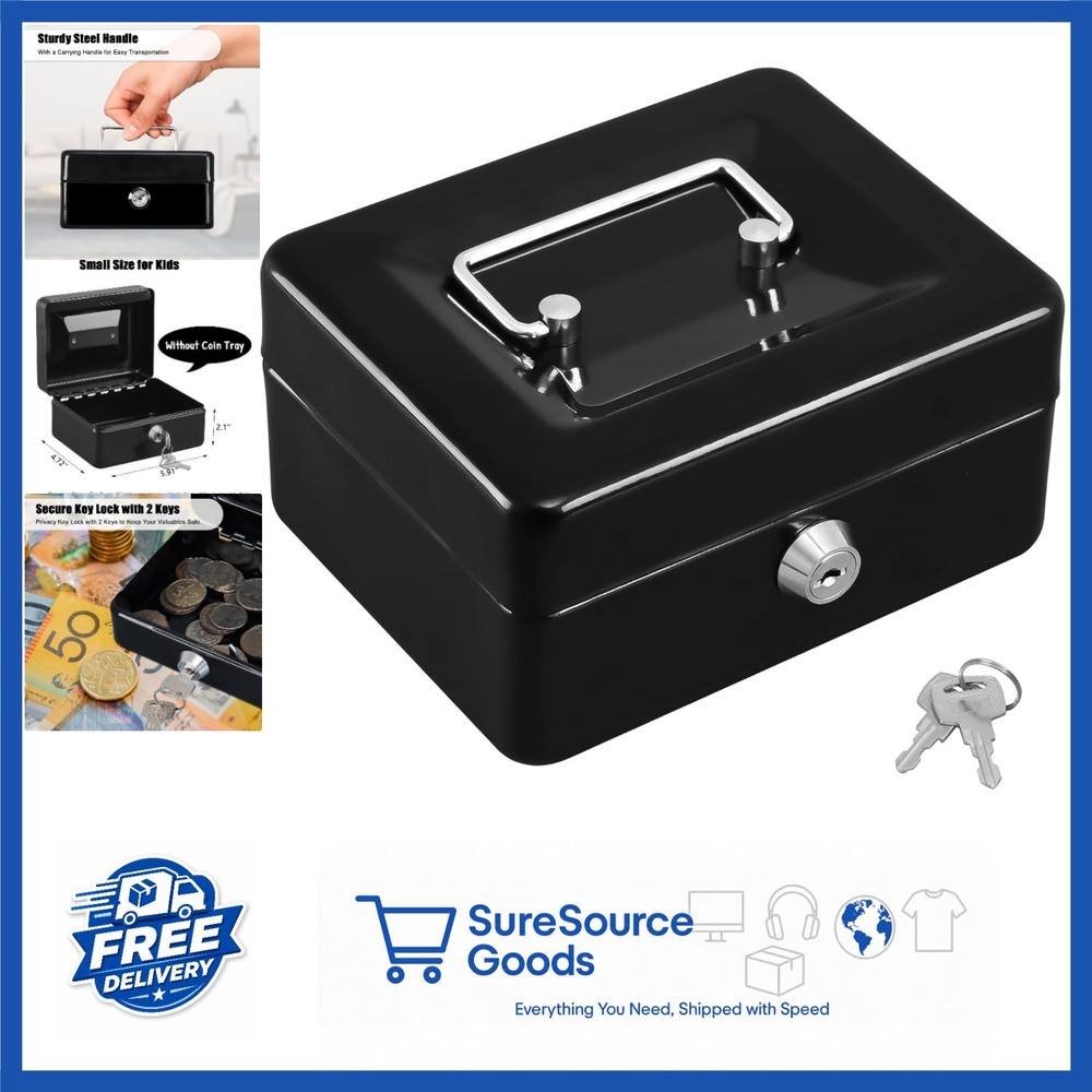 Small Cash Lock Box with Key Portable Handle Black Safe Drawer 5.91″x4.72″