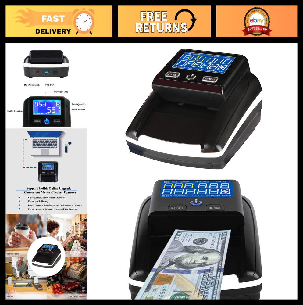 Portable Counterfeit Bill Detector Machine – 4-Way USD & Euro Counting, UV/IR/MG