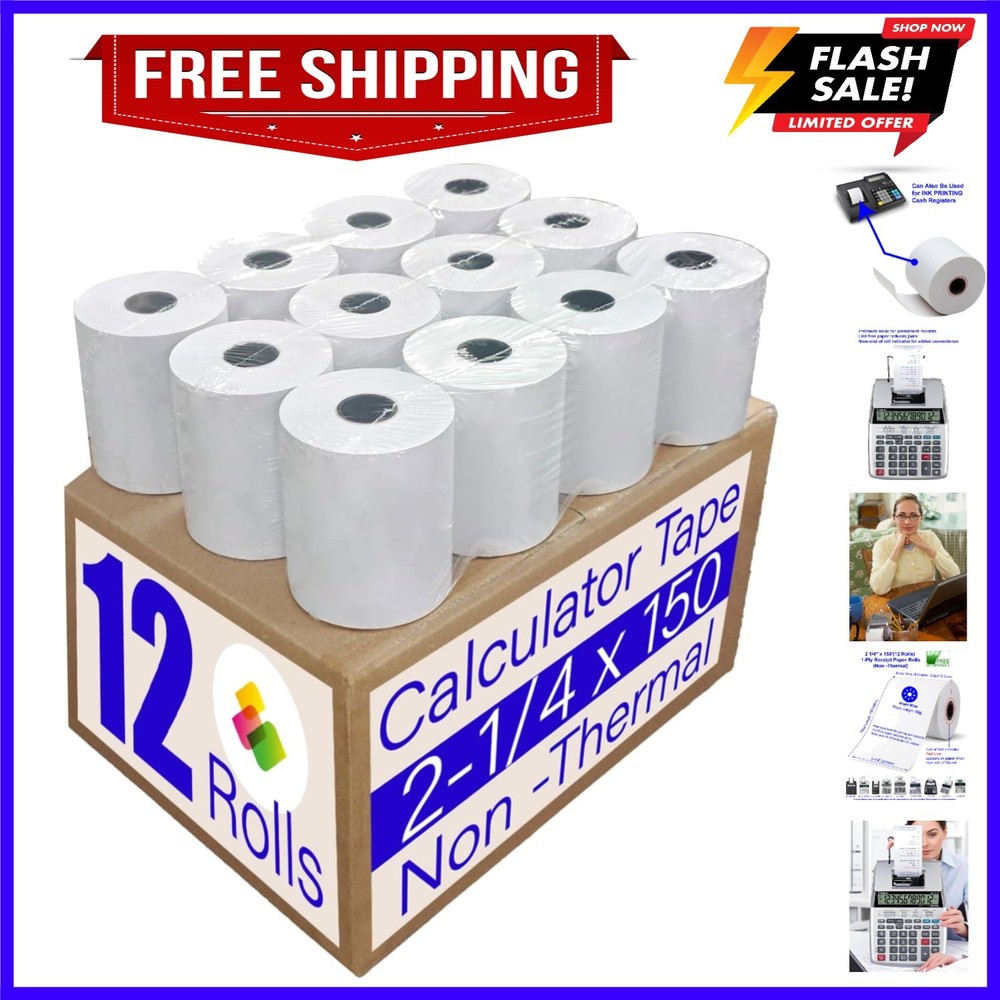12 Rolls2 1/4 in x 150 ft Adding Machine Tape Paper Rolls, for HR-10RC, HR-17…