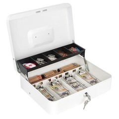 Cash Box with Lock and Money Tray Metal Lock Box 11.8 Inch White for Home
