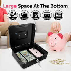 10″ Cash Box with Money Tray, Black, Large | Metal Money Safe Lock Box, Key Lock