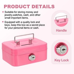 Mini Safe Box Cash Boxes Piggy Bank Mini Money Saving Boxes with Keys, Pink