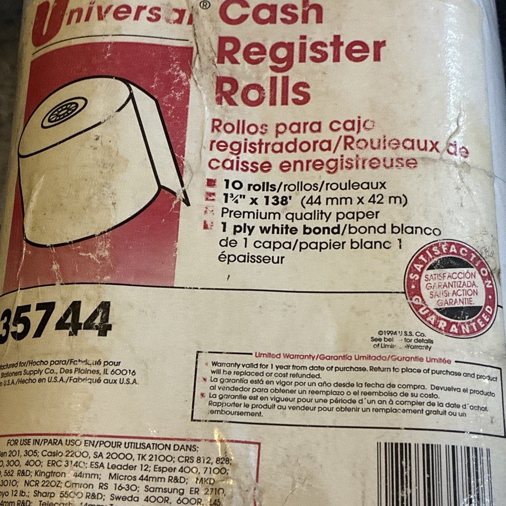 Universal Bond Paper Rolls 1.75″x138′ for POS/Calculator UNV35744 10 Rolls White