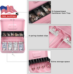 Pink Cash Box with Money Tray and Key Lock,Tiered,4 Bill /5 Coin Slots for girls