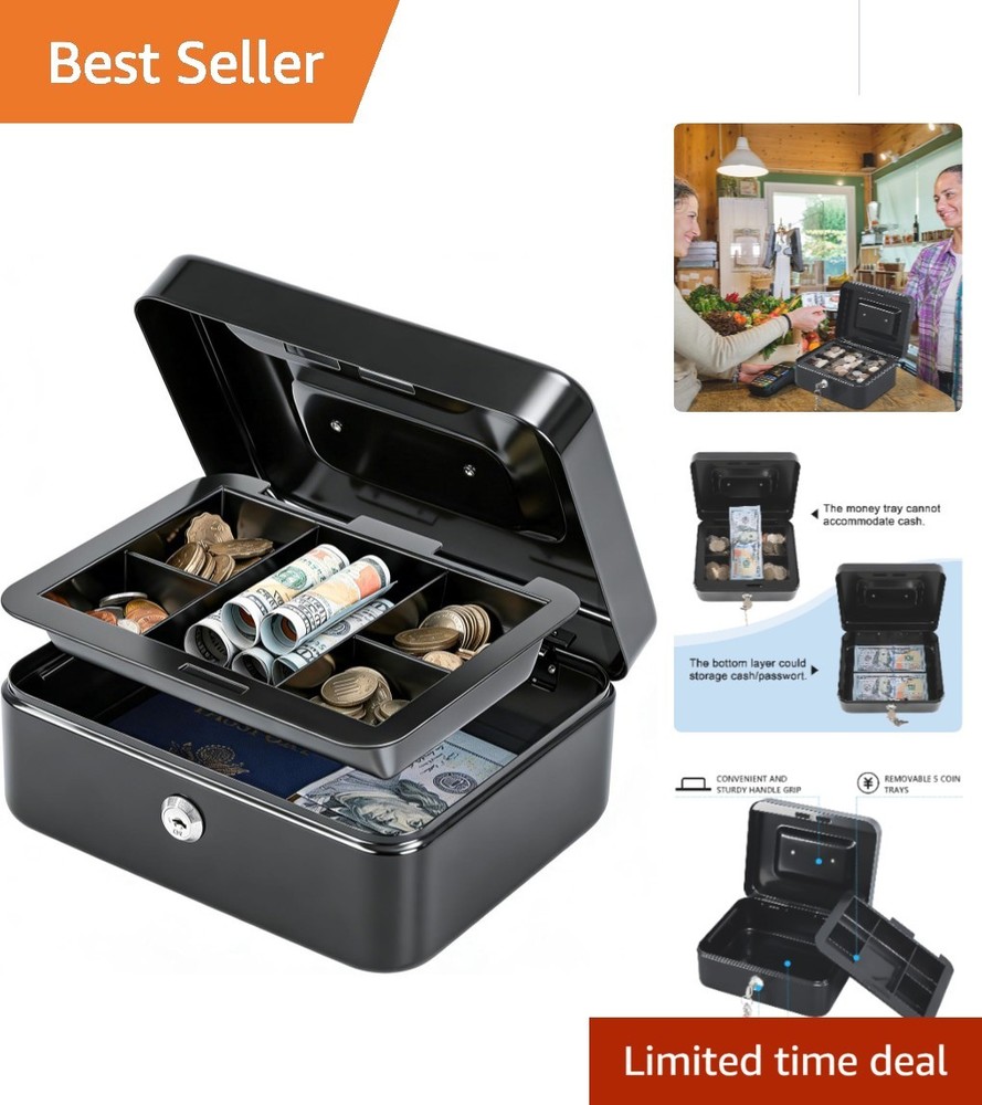 Medium Black Cash Box with Key Lock & Money Tray – 7.87″ x 6.30″ x 3.54″