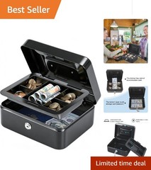 Medium Black Cash Box with Key Lock & Money Tray – 7.87″ x 6.30″ x 3.54″