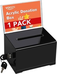 VOISEN Acrylic Donation Box with Lock Black Tip Jar Sign Holder 6.2×4.6×3.9″
