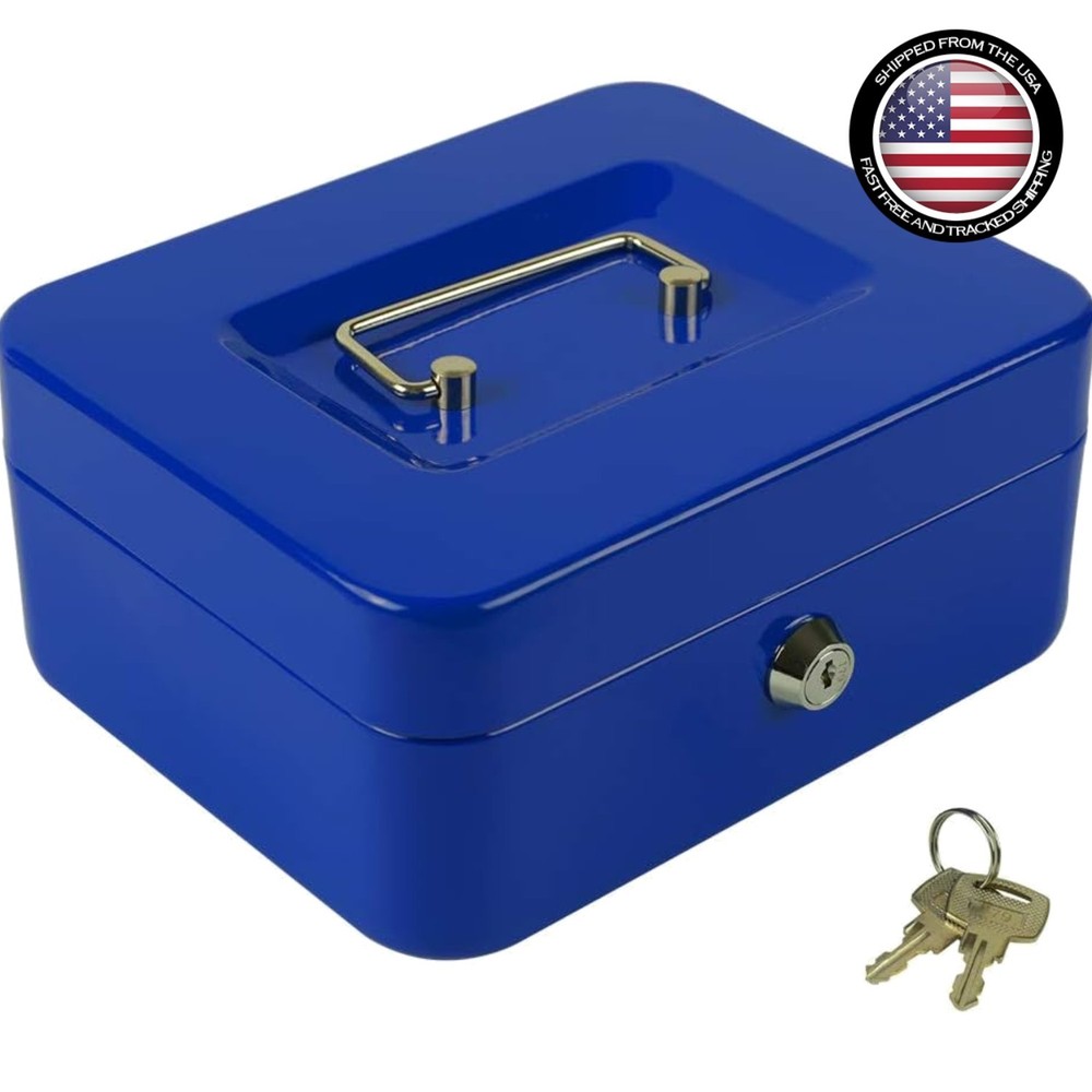 Versatile Blue Metal Cash Box with Key Lock – Ideal for Outdoor & Indoor Use