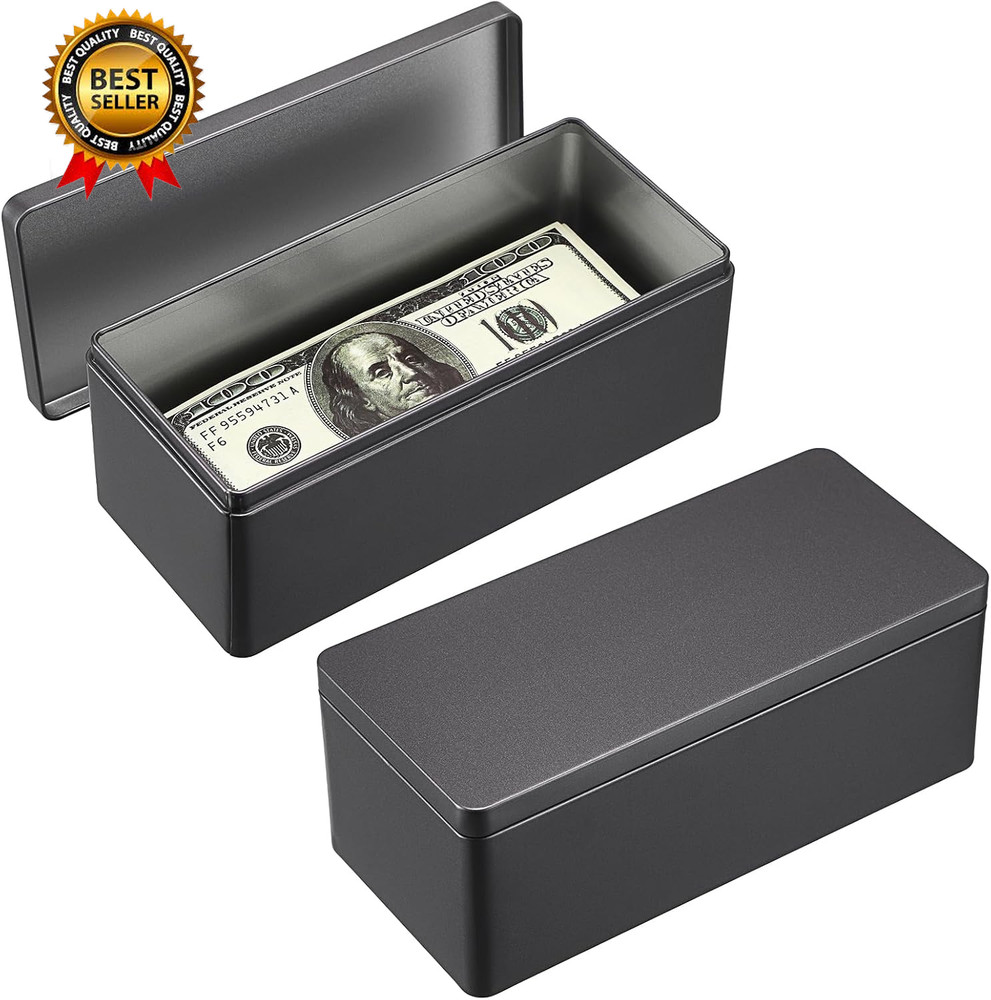 2 Packs Black Metal Cash Box Rectangular Money Organizer with Lid Currency Stora