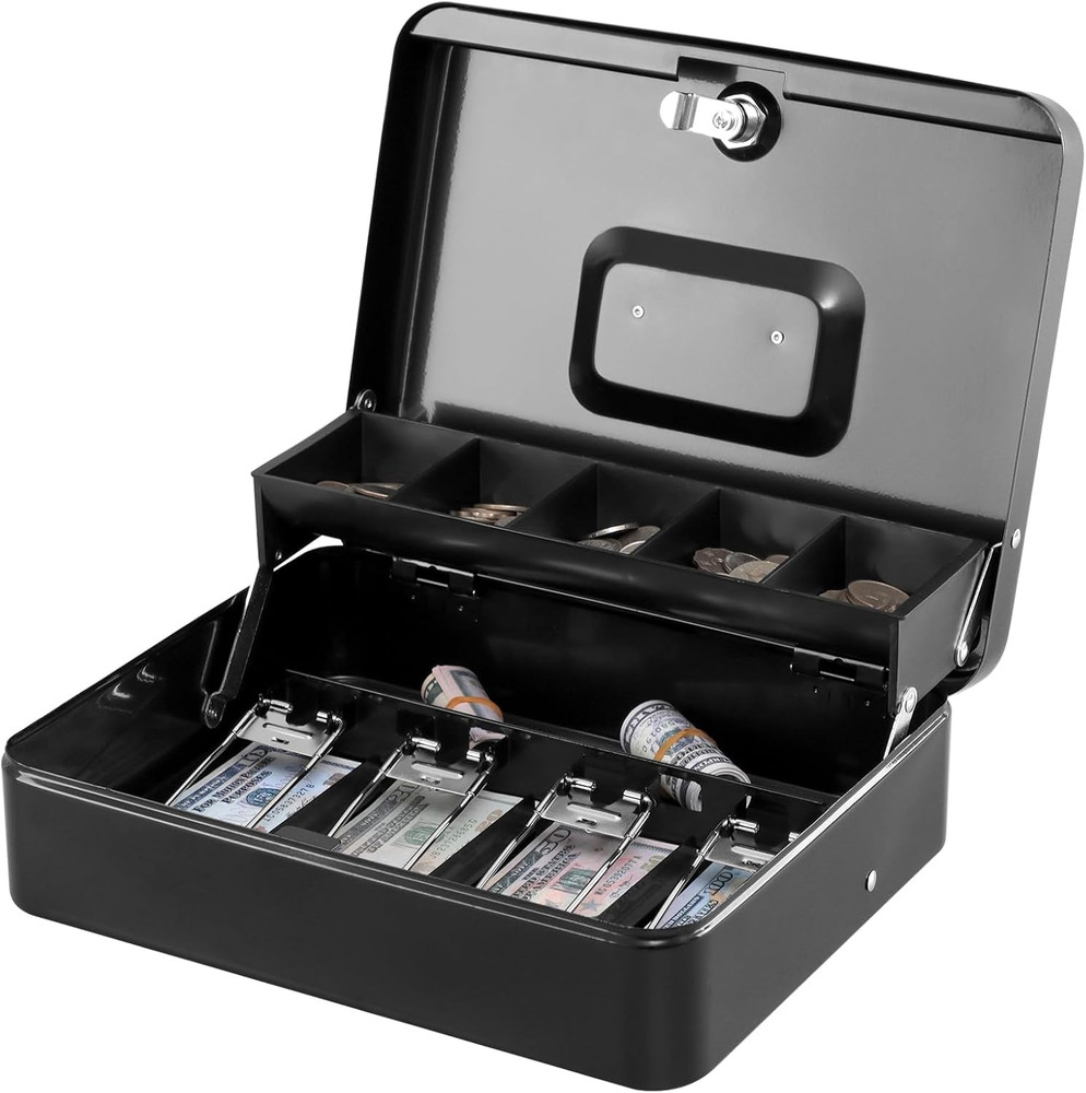 XL Locking Cash Box Key Lock Money Box w/ Tray 4 Bill 5 Coin Slots Black