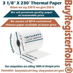 3 1/8 x 230 60GSM THERMAL POS RECEIPT PRINTER ROLL PAPER BPA FREE USA 50 ROLLS