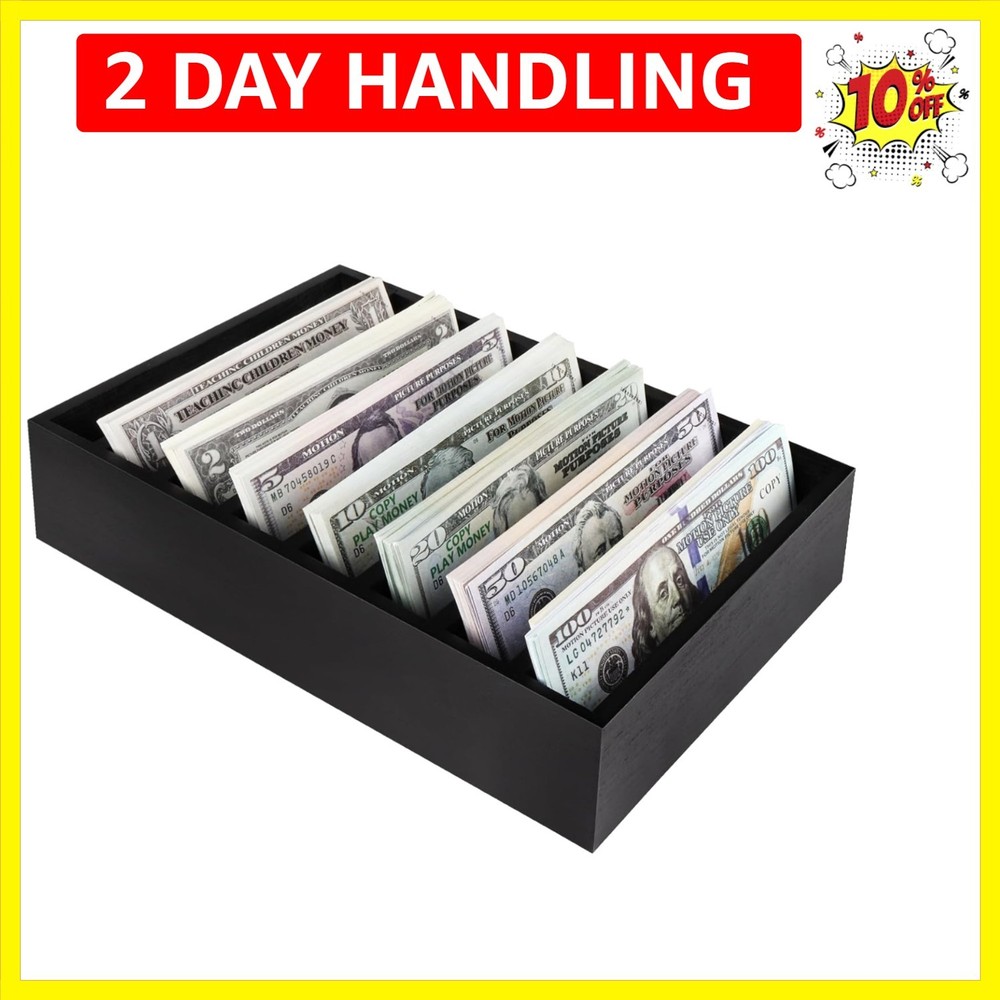 Money Organizer for Cash, 8 Compartment Wooden Cash Divider Storage Organizer…