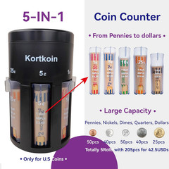 Automatic Coin Sorter 5-in-1 Coin Counter with Coin Wrappers, Empty Piggy Bank