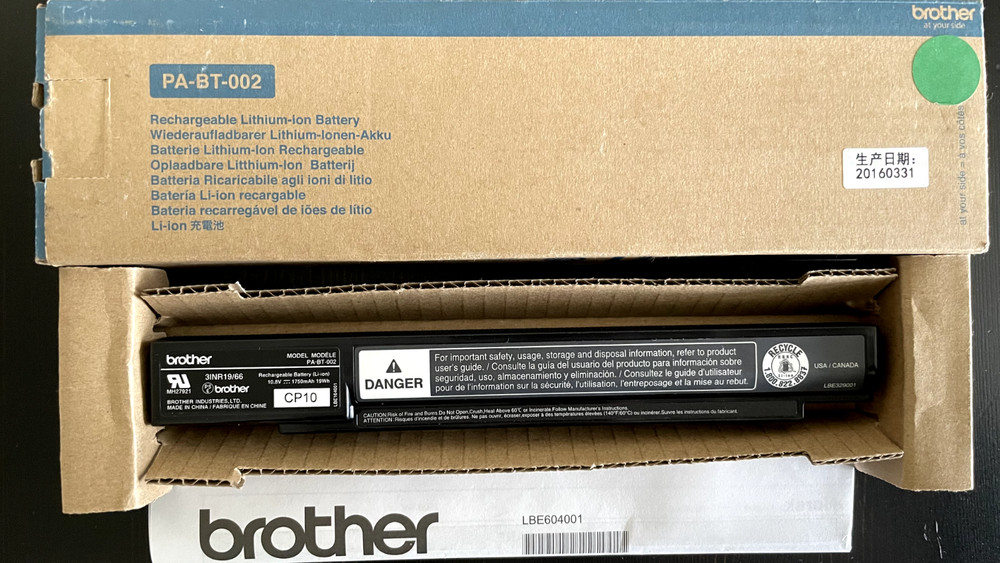 Brother PA-BT-002 PJ7 Li-Ion Battery – Rechargeable, 1750mAh, 10.8VDC, 19Wh