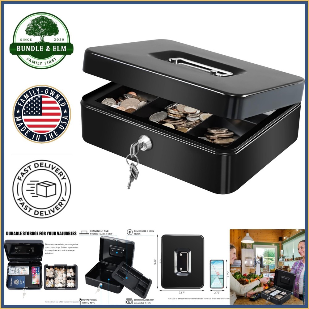 Portable Cash Box with 2-Key Lock and Dual Layer Storage for Small Items