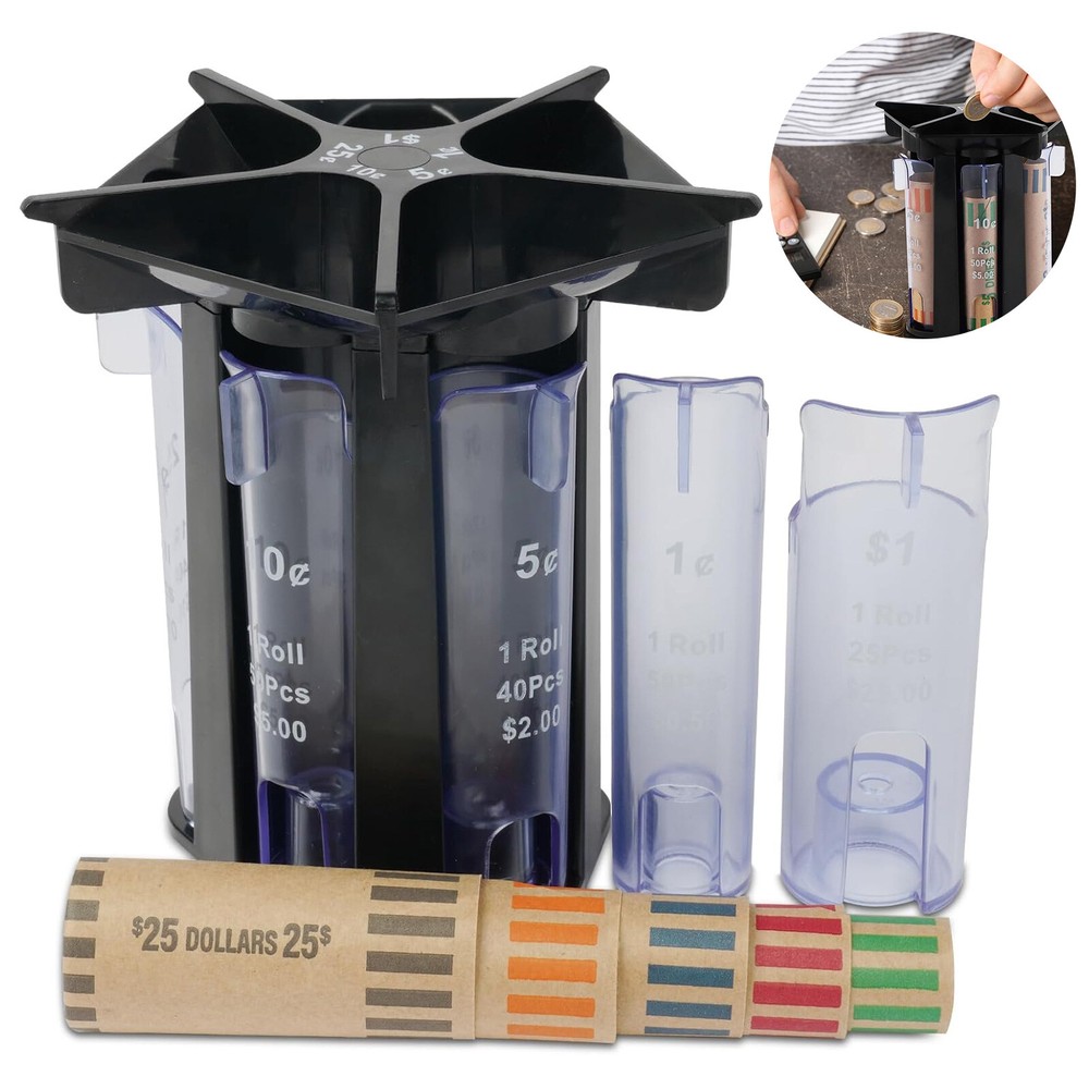 5-In-1 Coin Counter Sorter Tube for Pennies, Nickels, Dimes, Quarters, Dollars