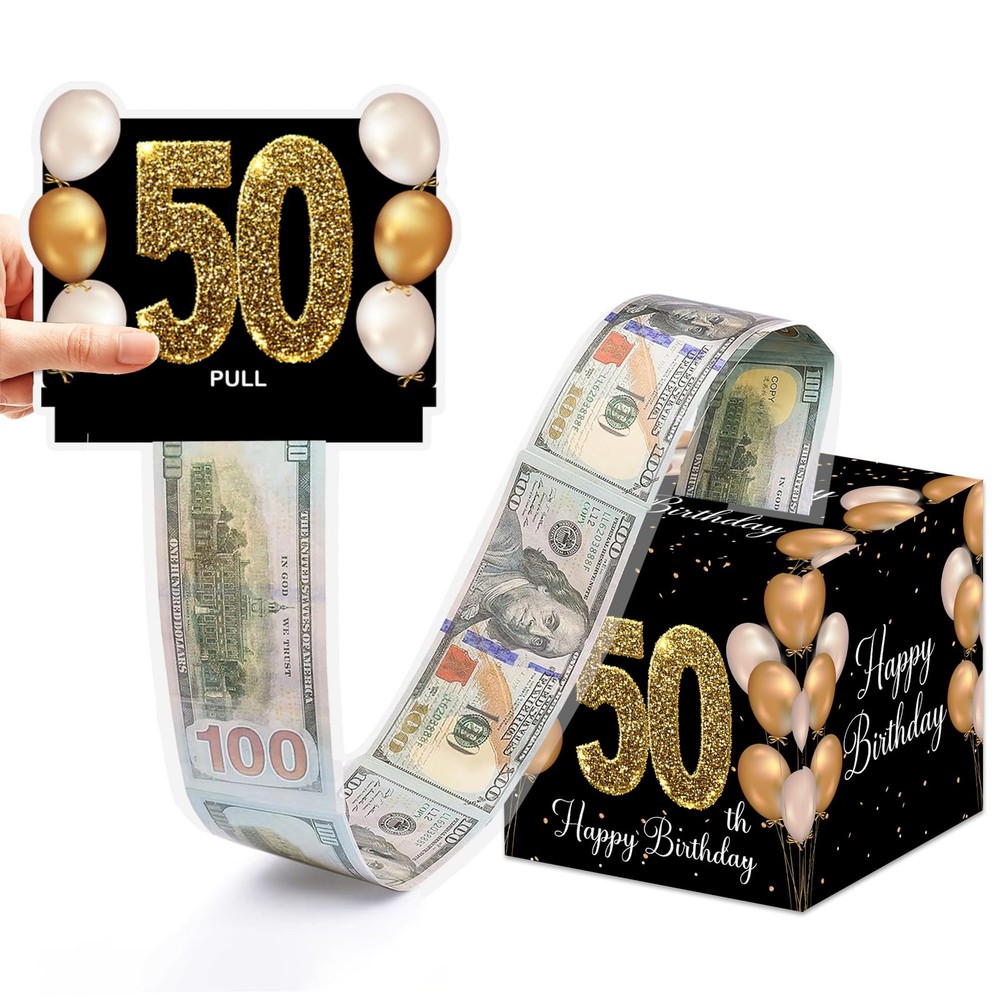 Black Gold 50th Happy Birthday Surprise Pull Out Money Box Cash Gift Set