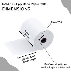24 Pack 1Ply Bond Receipt Paper Rolls 3 x 150 White Paper Kitchen Impact Printer