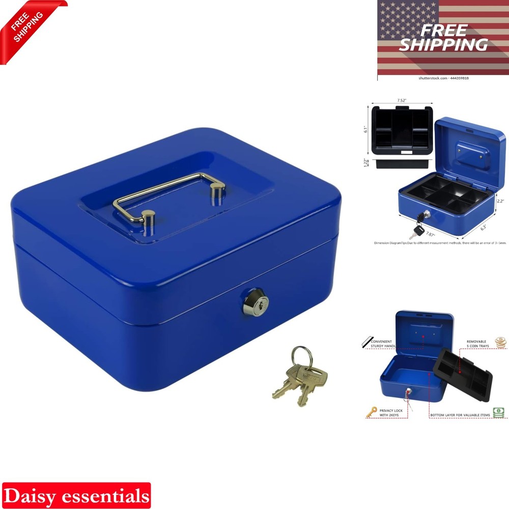 Blue Steel Cash Box with Key Lock Portable Storage Safe 7.87×6.30×3.54″