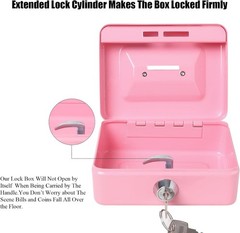 Small Cash Box Lock Key Metal Coin Piggy Bank Pink