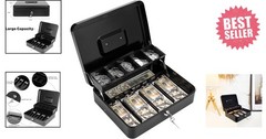 Heavy-Duty Black Cash Box with Key Lock – Large Money Organizer 11.8″ x 9.4″