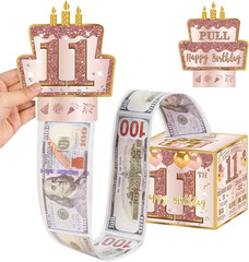 11Th Birthday Pull-Out Money Gift Box for Girls – Pink Rose Gold Happy Eleven Bi