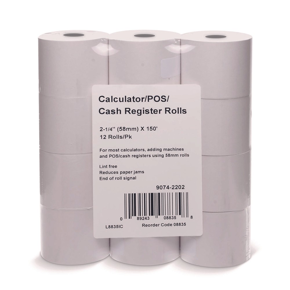 PM Company? Paper Rolls, One Ply Cash Register/Add Roll, 2 1/4 x 150 ft, White,