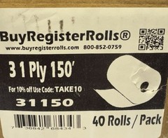 QTY=40: BUYREGISTERROLLS 31150 3″ 1-Ply x 150′ 76mm Width x 2.85 Inches Diameter