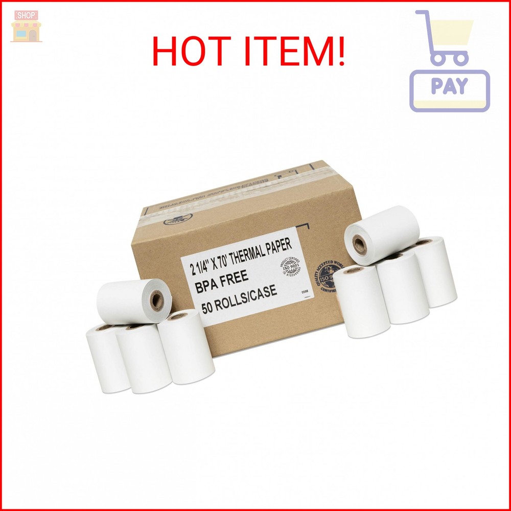 50 Rolls of Thermal Paper 2 1/4” by 70′ Verifone VX520 First Data FD400 Nurit 8