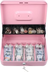 Stylish Pink Cash Box with Durable Key Lock & Cantilever Money Tray, 11.8″x9.5″