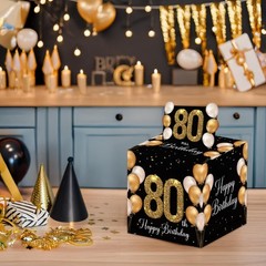 80th Birthday Money Box Cash Pull Black Gold 50 PCS Transparent Bags Card
