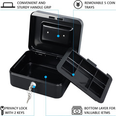 Medium Cash Box with Removable Money Tray, Key Lock Metal Storage Box with 2 Key