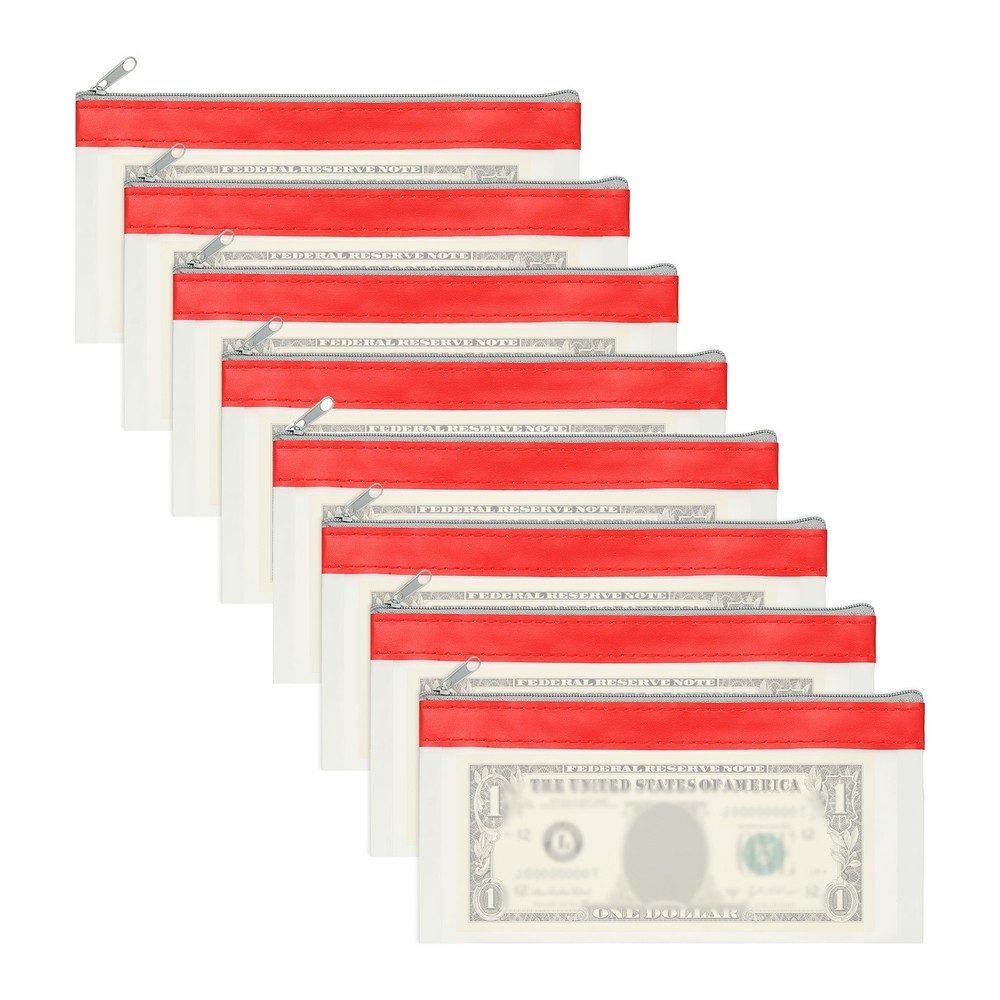8.5×4 Inch Money Bags with Zipper, 8Pcs Clear Cash Pouch, Red