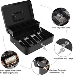 Cash Box with Tray Metal Locking Black New