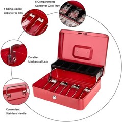Versatile Red Cash Box with Key Lock and Coin Tray – Portable Security Solution