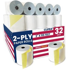 32 Rolls 2 Ply Carbonless Rolls 3 x 95 Feet White/Yellow Receipt