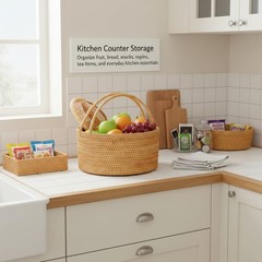 Lalasun Handwoven Rattan Storage Basket Handles Natural Wicker Decorative