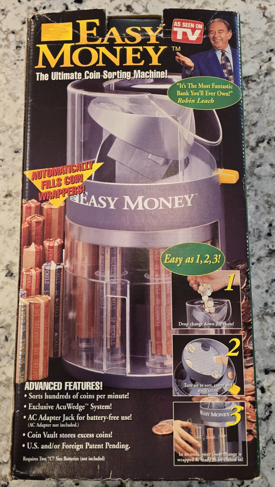 Easy Money Motorized Coin Bank Sorting Machine by Telebrands Vintage Orig Box
