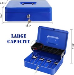 Large Cash Box with Lock Key – Metal Money Safe Blue