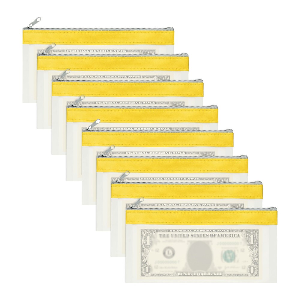 8PCS 8.5×4 Inch Money Bags with Zipper Clear Cash Pouch, Yellow