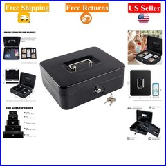 Large Black Steel Cash Box with Key Lock and Removable Money Tray