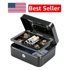 Secure Medium Cash Box with Removable Tray & Portable Handle – Black, 7.87″x6.3″