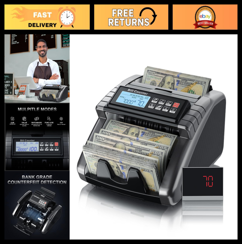 Money Counter Machine with Value Counting, UV & MG Detection, LCD Display, 1000