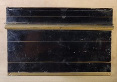 Vtg. ’20s-’30s Black Metal Bankers Cash Document Lock Box w/ Key Red & Gold Trim