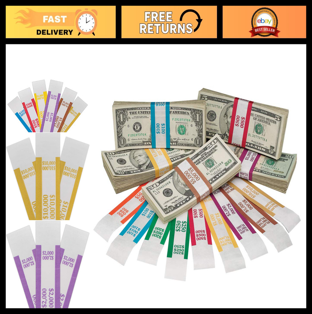 Assorted Money Bands – 1000 Self-Sealing Bill Straps, Color-Coded Denominations