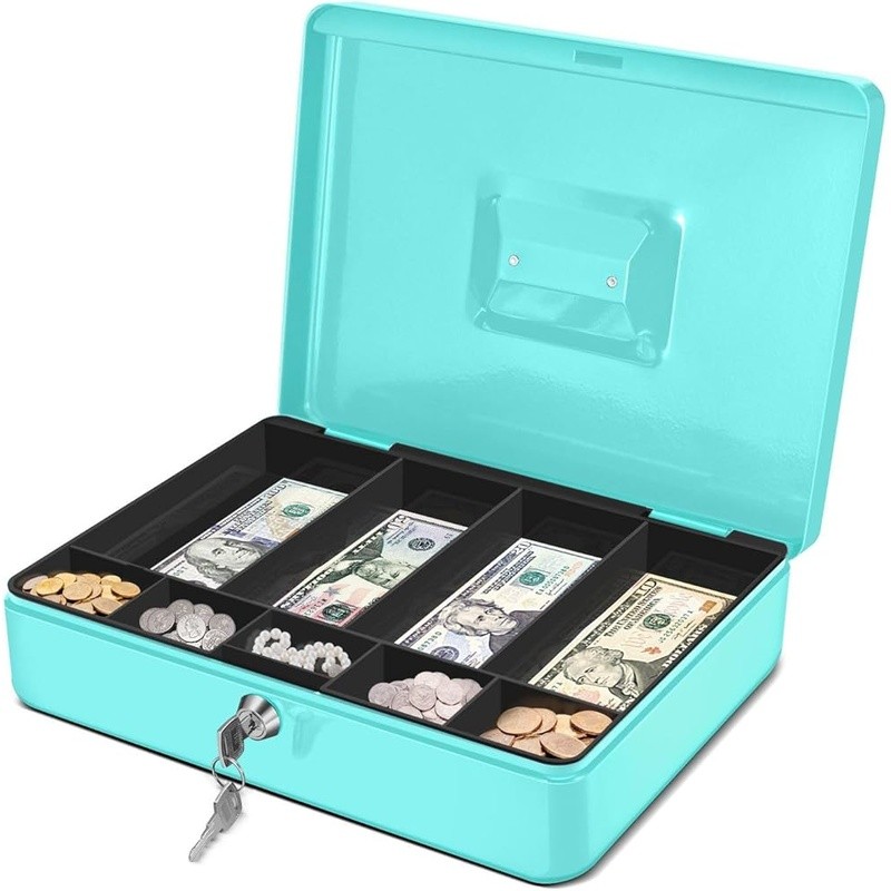 Portable Cash Lock Box W/ Key 9 Compartment Money Organizer Bills & Coins New