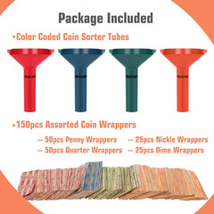 Coin Sorter with Coin Wrappers All Coins, 4 Coin Sorter Tubes Plastic 150Pcs
