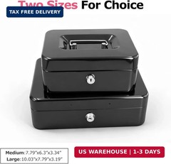 10″ Cash Box with Money Tray, Black, Large | Metal Money Safe Lock Box, Key Lock